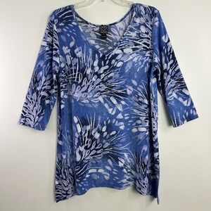 Clara Sun Woo Lagenlook‎ Top Large Blue Asymmetric 3/4 Sleeve V-Neck Artsy Knit